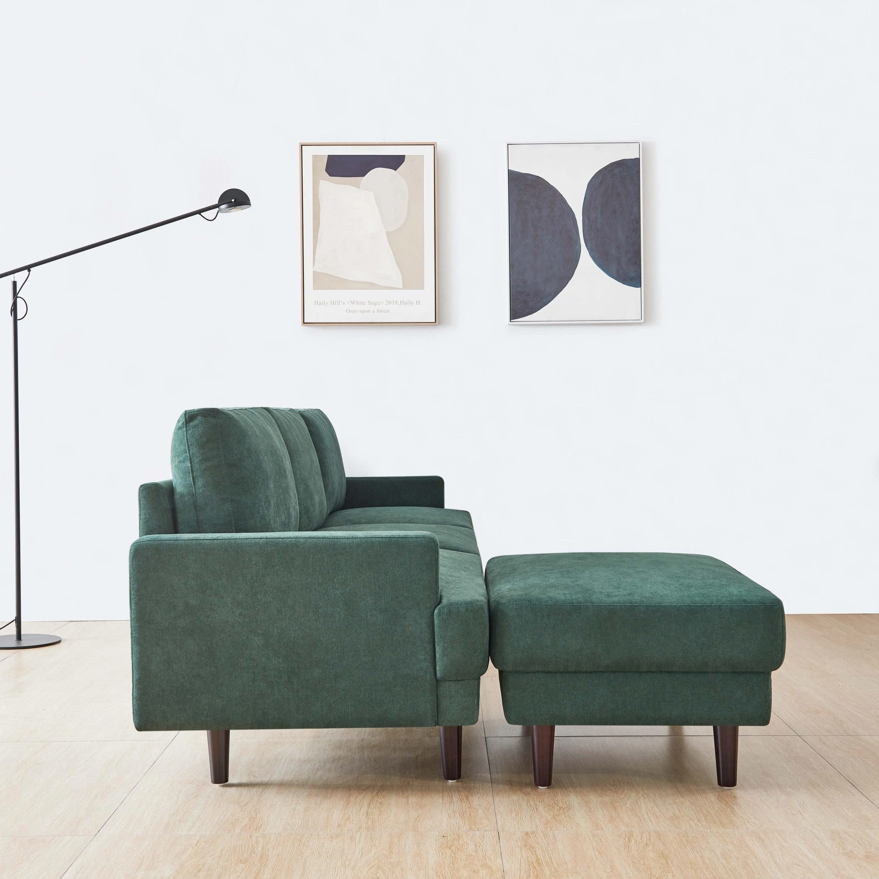 WIIS' IDEA Modern L-shaped Fabric Sofa 3 Seater With Ottoman - Emerald