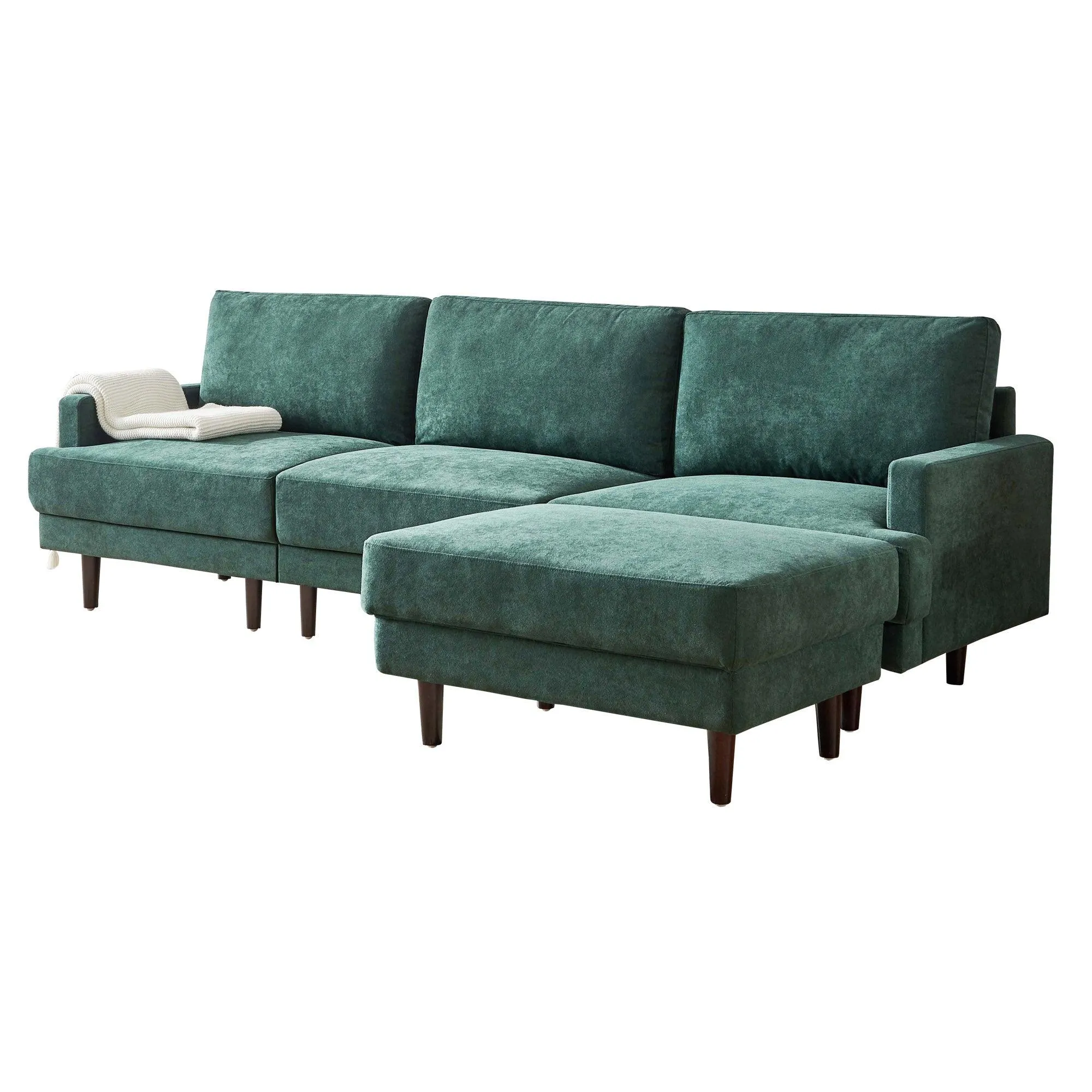 WIIS' IDEA Modern L-shaped Fabric Sofa 3 Seater With Ottoman - Emerald