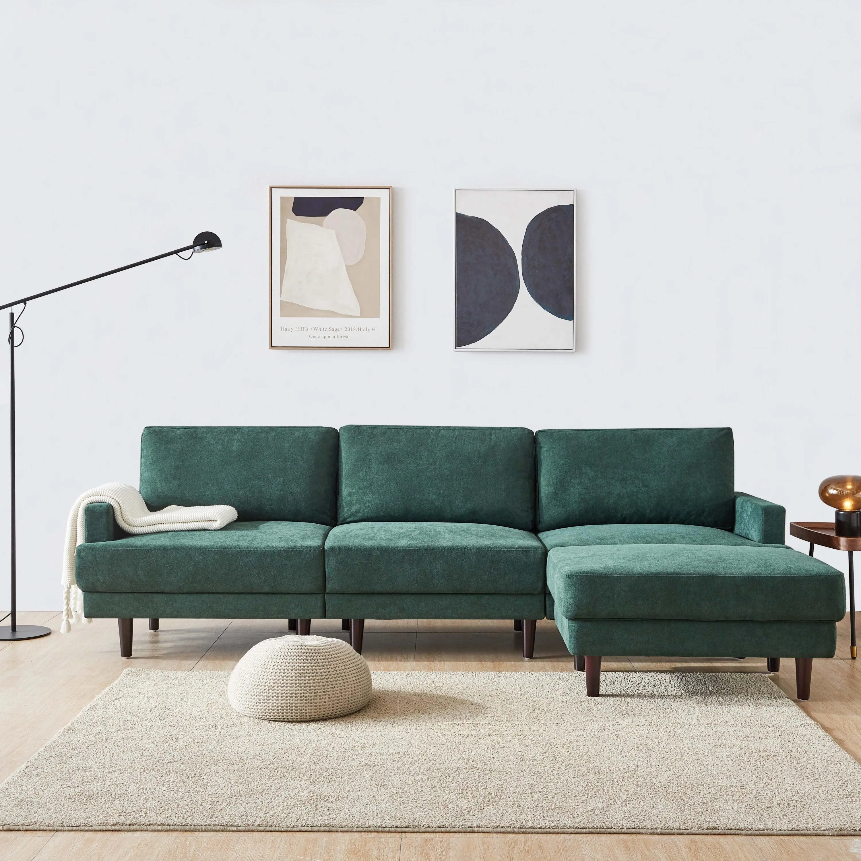 WIIS' IDEA Modern L-shaped Fabric Sofa 3 Seater With Ottoman - Emerald