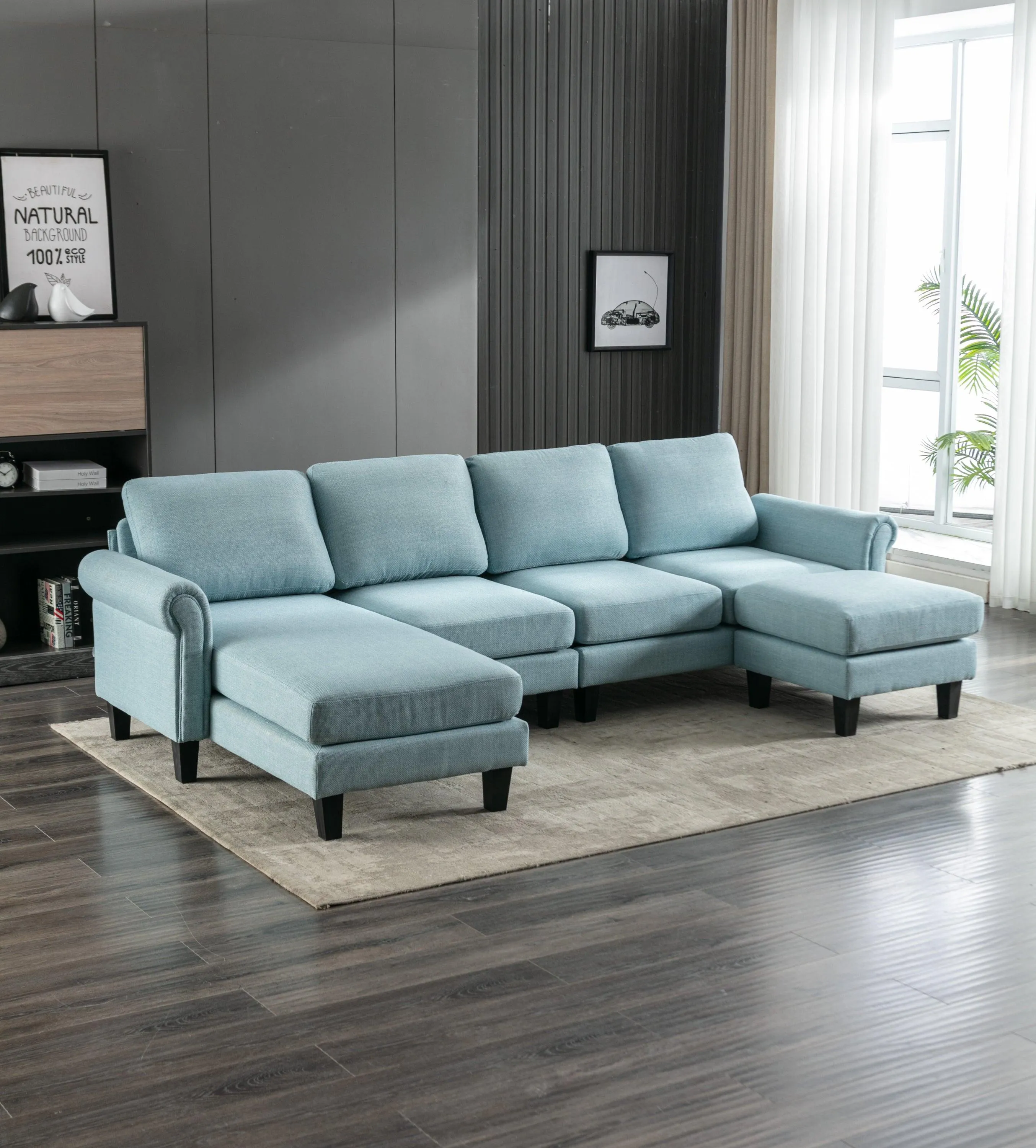 WIIS' IDEA Modern Living Room Fabric Sectional Sofa - Light Blue