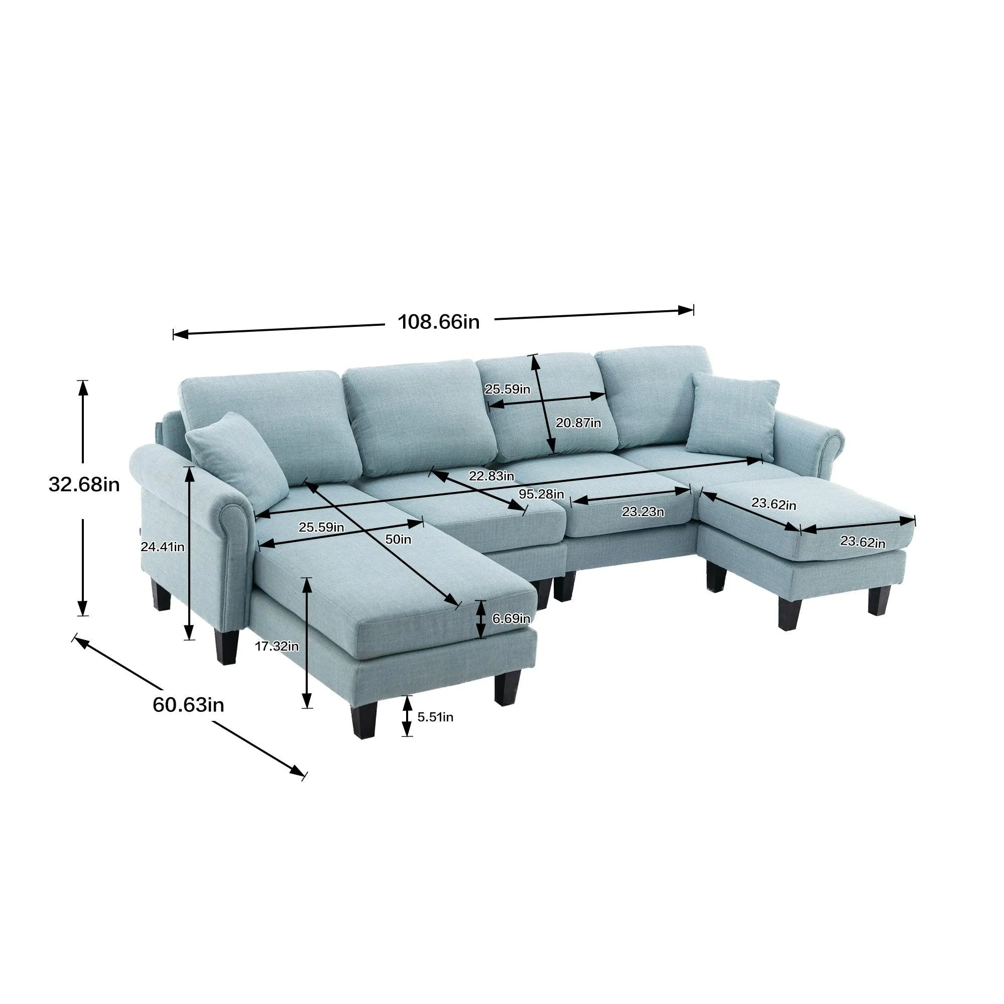 WIIS' IDEA Modern Living Room Fabric Sectional Sofa - Light Blue