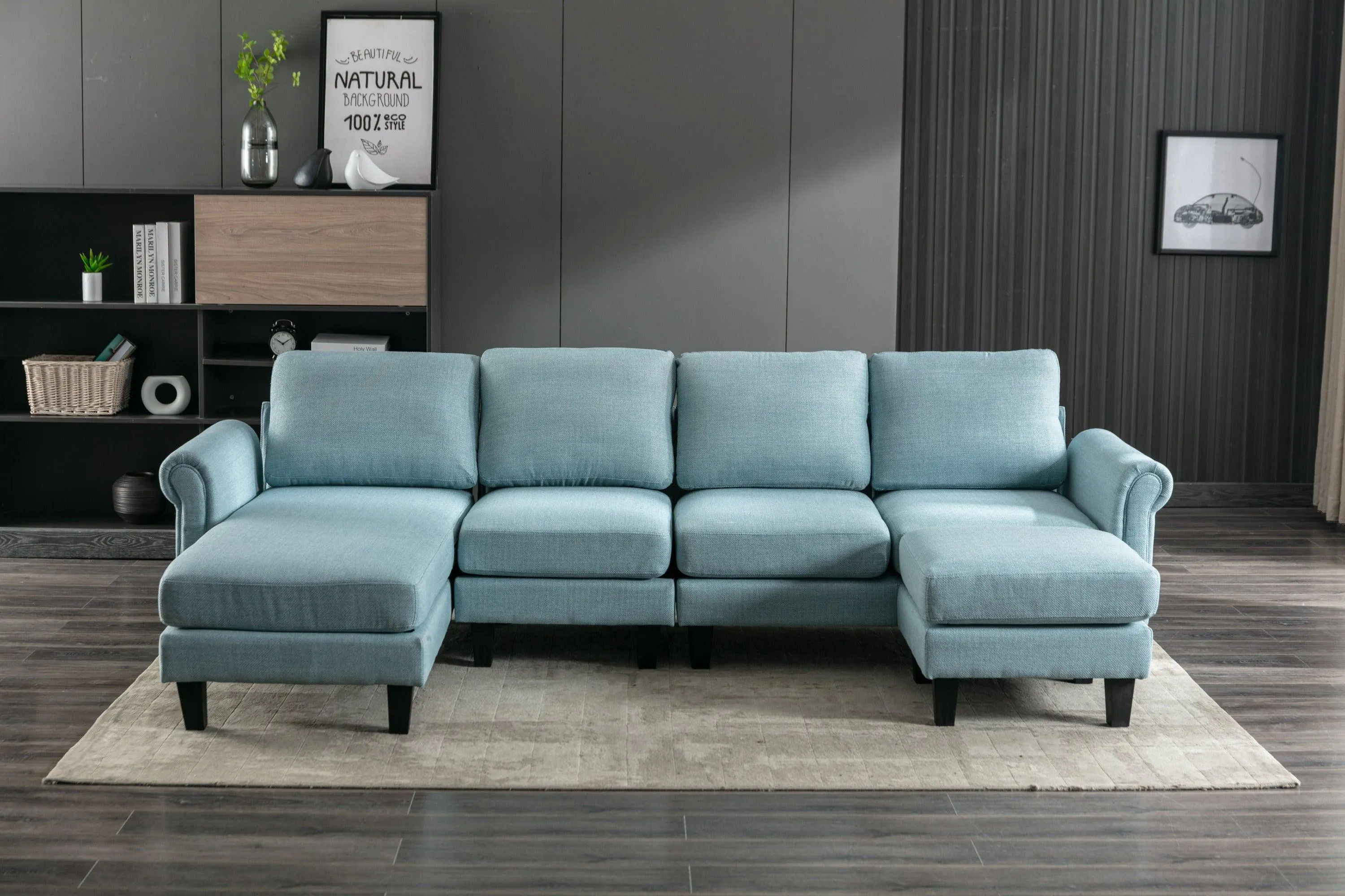 WIIS' IDEA Modern Living Room Fabric Sectional Sofa - Light Blue