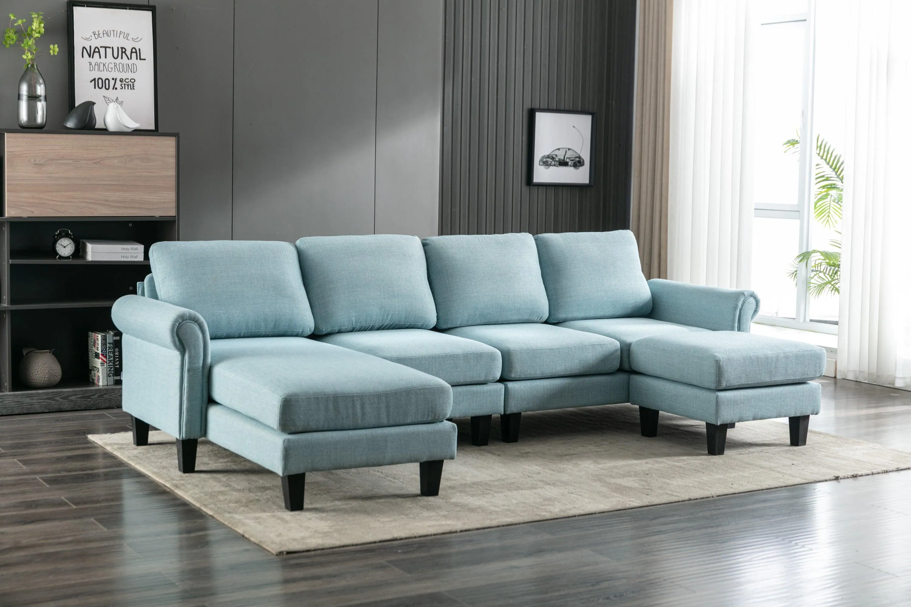 WIIS' IDEA Modern Living Room Fabric Sectional Sofa - Light Blue