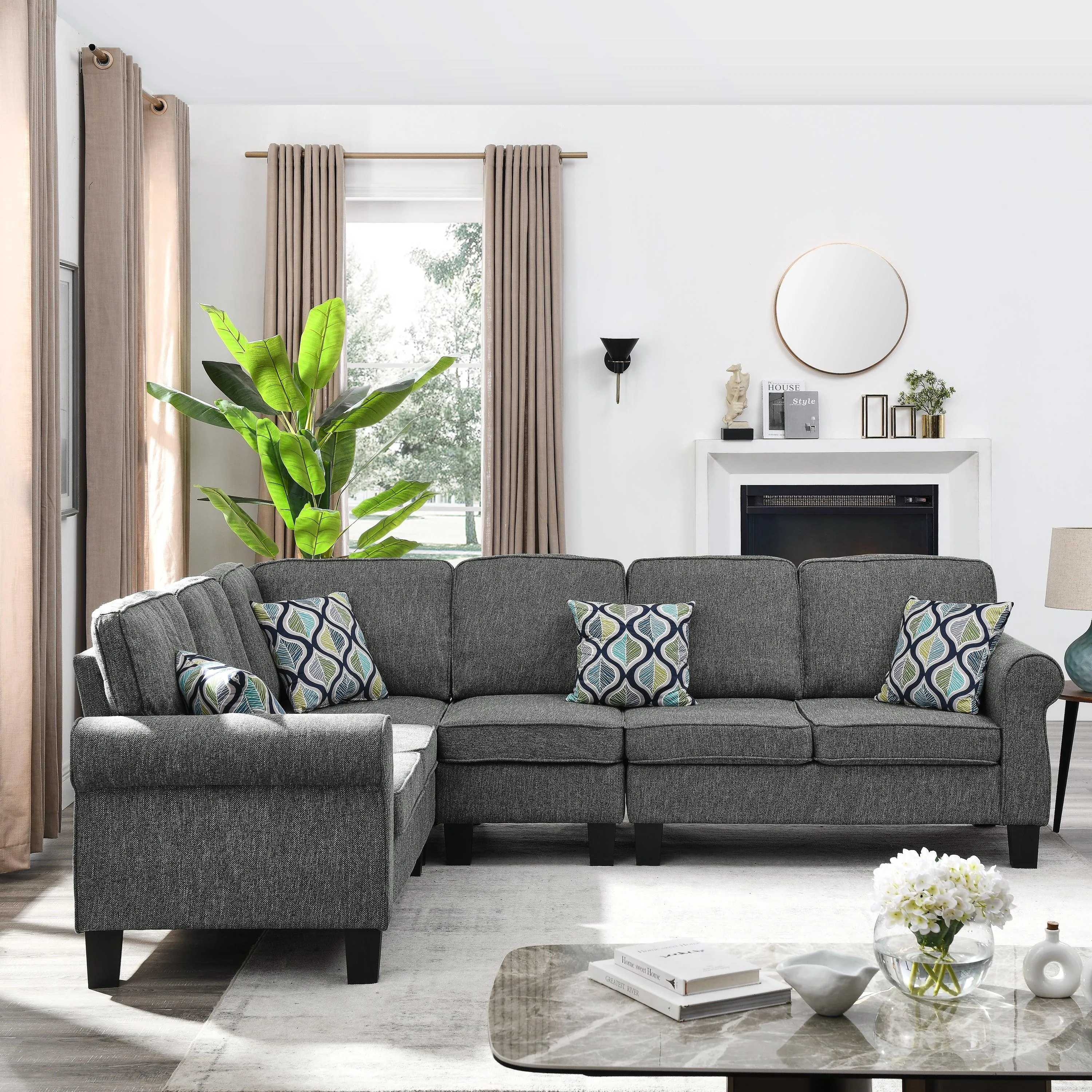 WIIS' IDEA Shelter L-Shaped Sectional Sofa With Reversible Chaise - Dark Grey