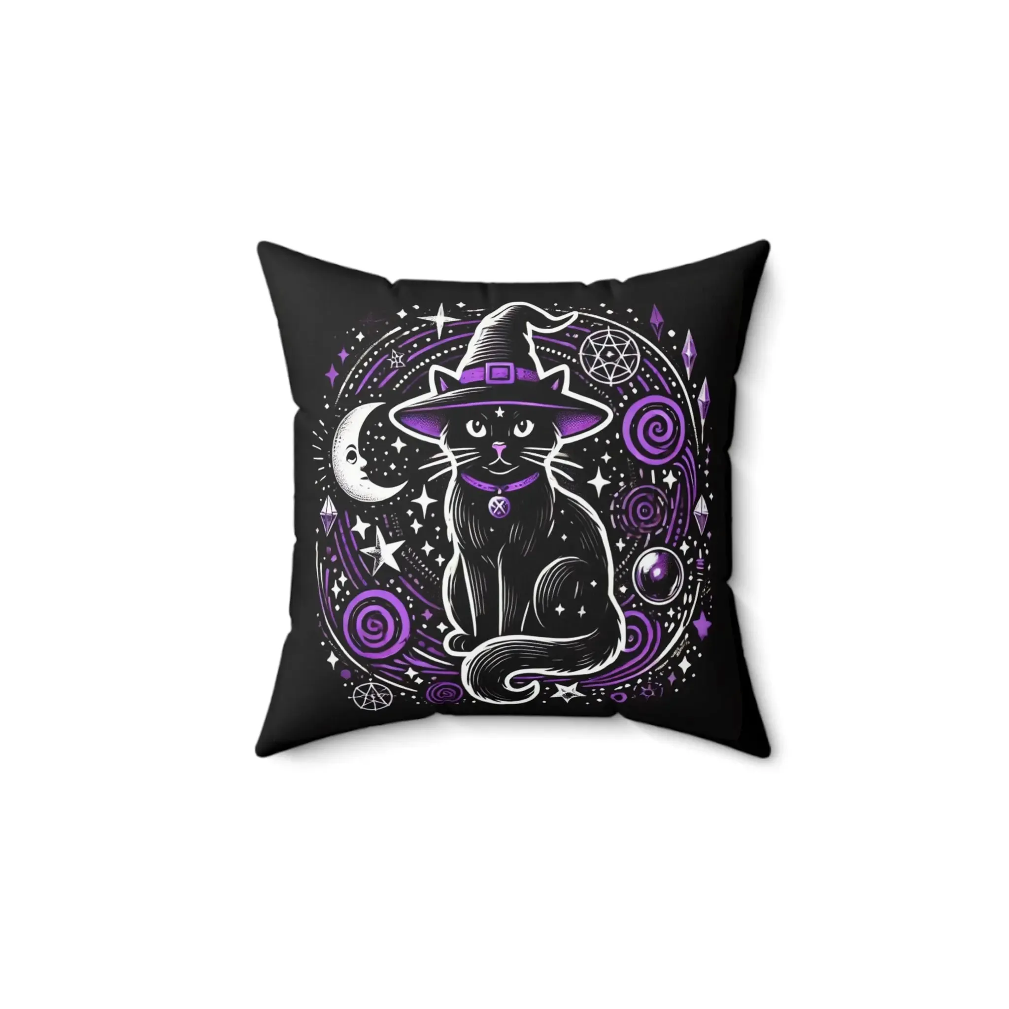 Witch Cat - Purple and Black - Halloween Spun Polyester Square Pillow