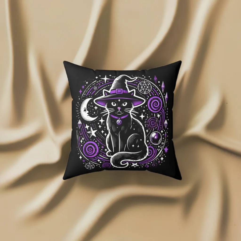 Witch Cat - Purple and Black - Halloween Spun Polyester Square Pillow