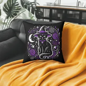 Witch Cat - Purple and Black - Halloween Spun Polyester Square Pillow