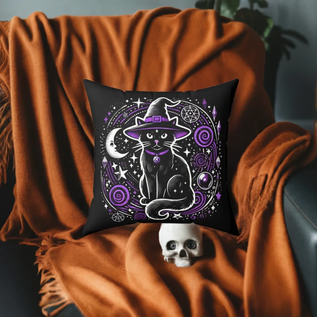 Witch Cat - Purple and Black - Halloween Spun Polyester Square Pillow