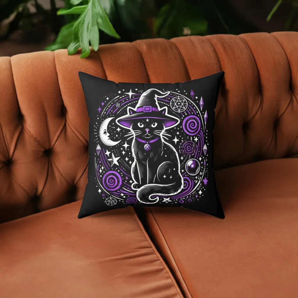 Witch Cat - Purple and Black - Halloween Spun Polyester Square Pillow