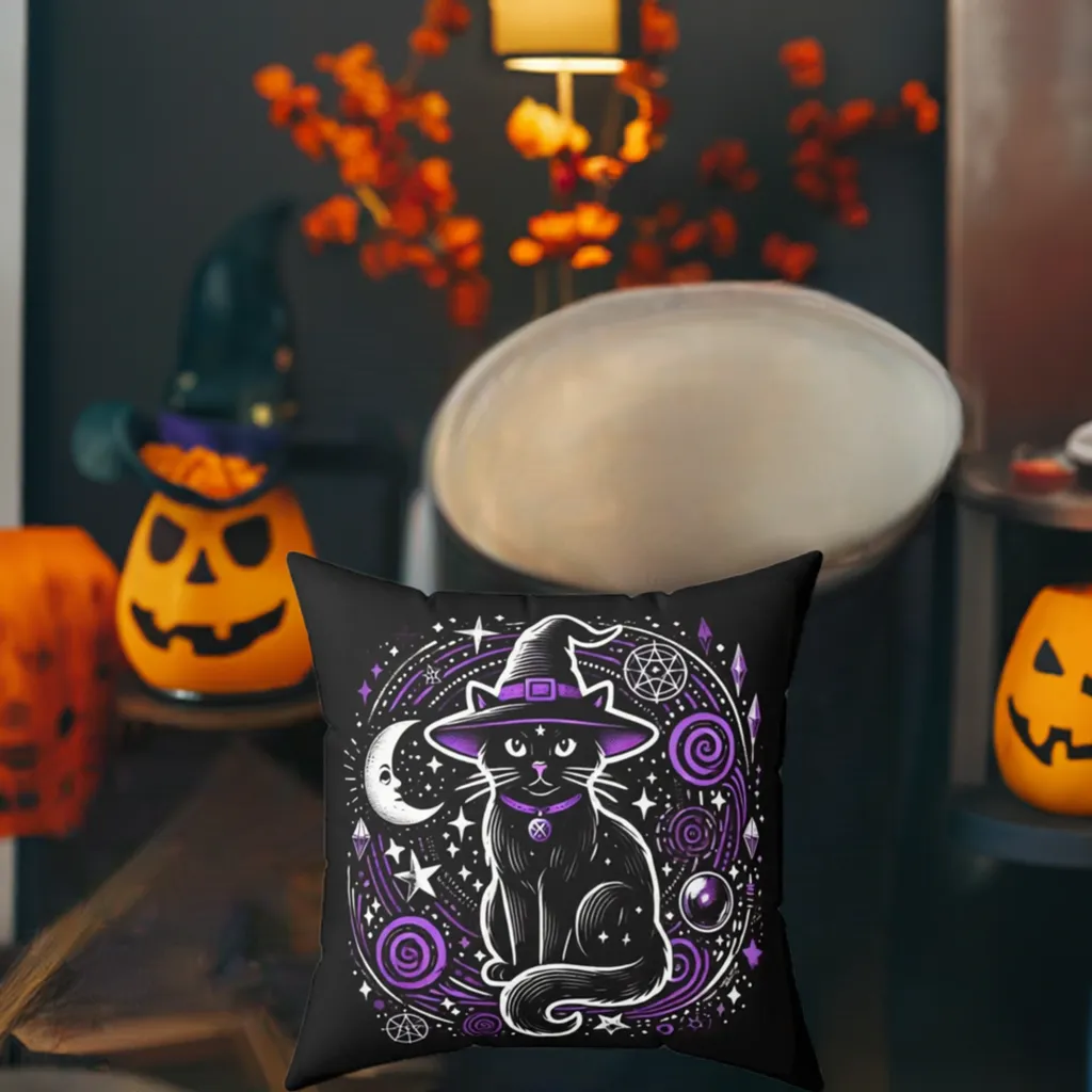 Witch Cat - Purple and Black - Halloween Spun Polyester Square Pillow