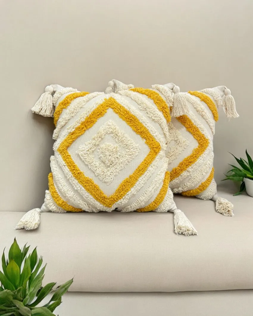 Yellow Tufted Concentric Diamond Cotton Cushion Cover | 16 x 16 Inches