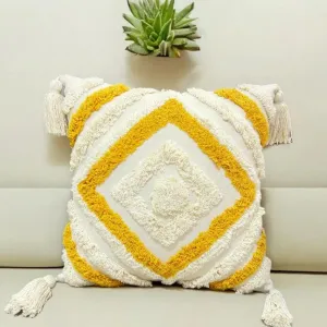 Yellow Tufted Concentric Diamond Cotton Cushion Cover | 16 x 16 Inches