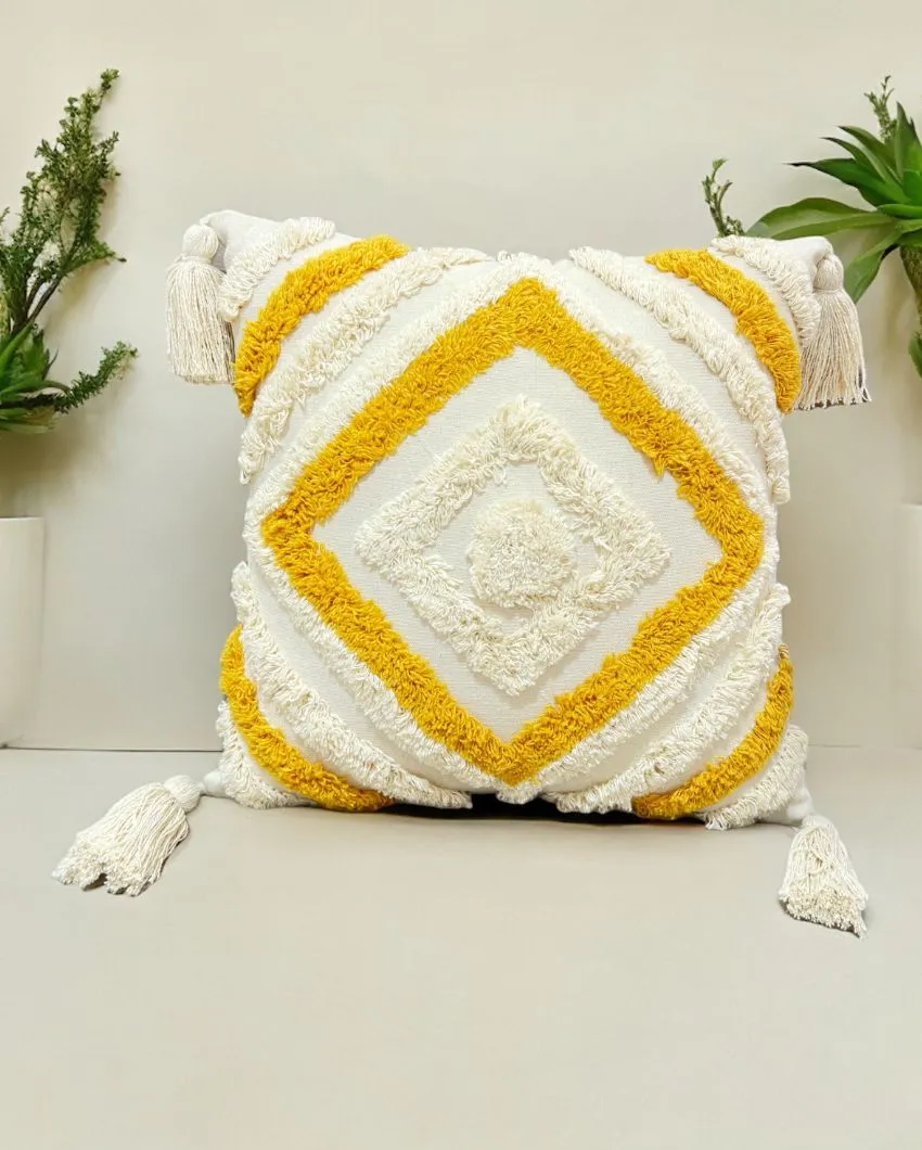 Yellow Tufted Concentric Diamond Cotton Cushion Cover | 16 x 16 Inches