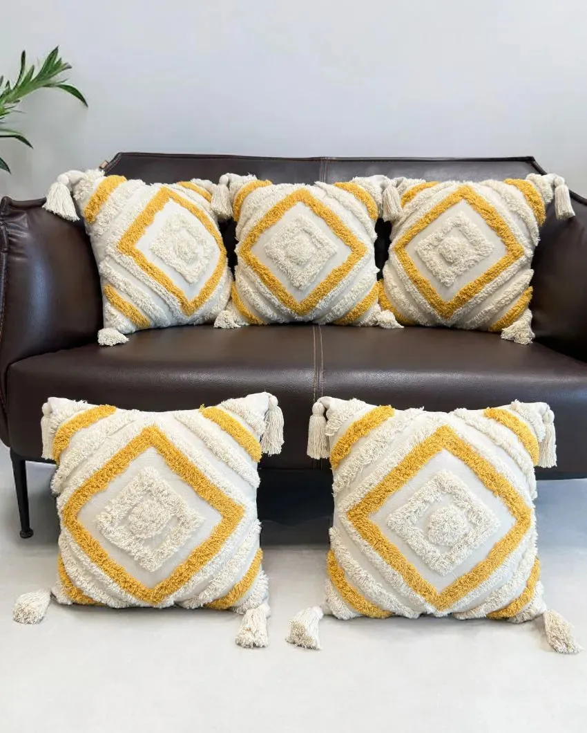 Yellow Tufted Concentric Diamond Cotton Cushion Cover | 16 x 16 Inches